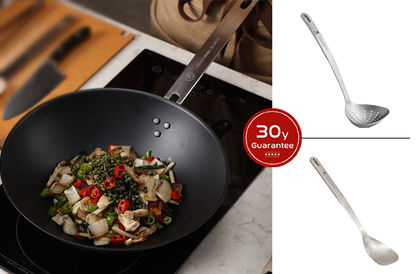 wokpanna i lättviktkolstål inkl sked och hålslev